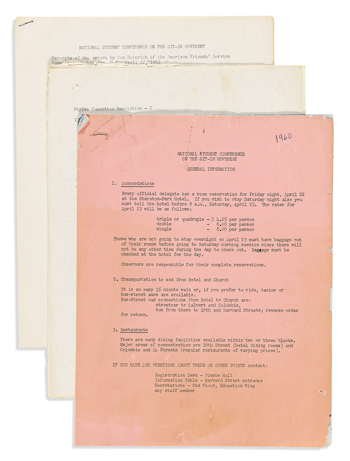 (CIVIL RIGHTS.) Information packet and summaries of speeches from the National Student Conference on the Sit-In Movement.